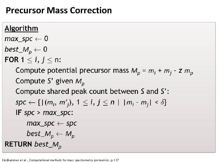 Precursor Mass Correction Algorithm max_spc Ã 0 best_Mp Ã FOR 1 · i, j