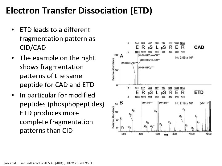 Electron Transfer Dissociation (ETD) • ETD leads to a different fragmentation pattern as CID/CAD