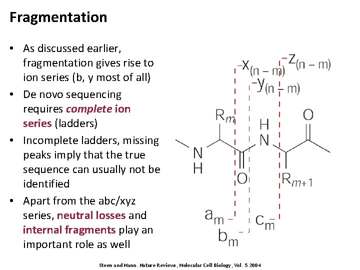 Fragmentation • As discussed earlier, fragmentation gives rise to ion series (b, y most