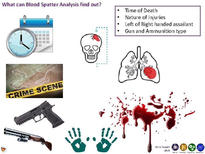 What can Blood Spatter Analysis find out? • • Time of Death Nature of