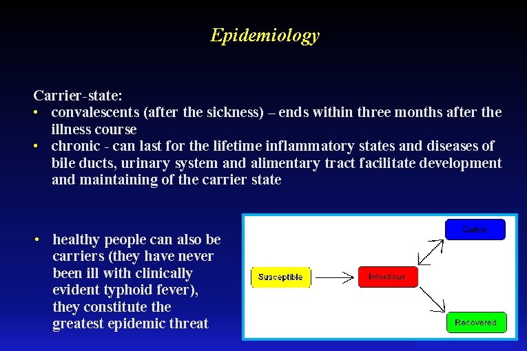 Epidemiology Carrier-state: • convalescents (after the sickness) – ends within three months after the