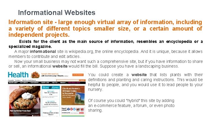Informational Websites Information site - large enough virtual array of information, including a variety
