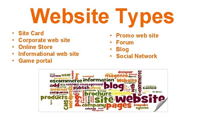 Website Types • • • Site Card Corporate web site Online Store Informational web