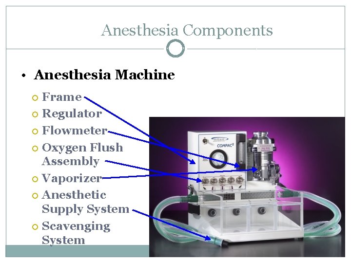 Anesthesia Components • Anesthesia Machine Frame Regulator Flowmeter Oxygen Flush Assembly Vaporizer Anesthetic Supply