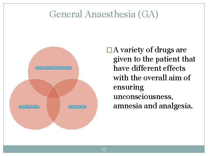 General Anaesthesia (GA) � A variety of drugs are given to the patient that