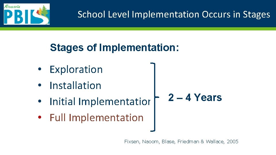 School Level Implementation Occurs in Stages of Implementation: • • Exploration Installation Initial Implementation