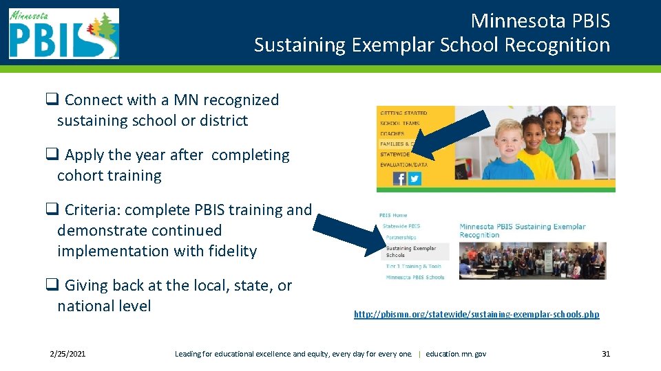 Minnesota PBIS Sustaining Exemplar School Recognition q Connect with a MN recognized sustaining school