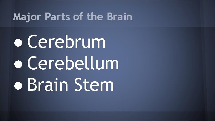 Major Parts of the Brain ● Cerebrum ● Cerebellum ● Brain Stem 