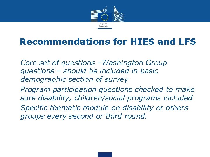 Recommendations for HIES and LFS • Core set of questions –Washington Group questions –
