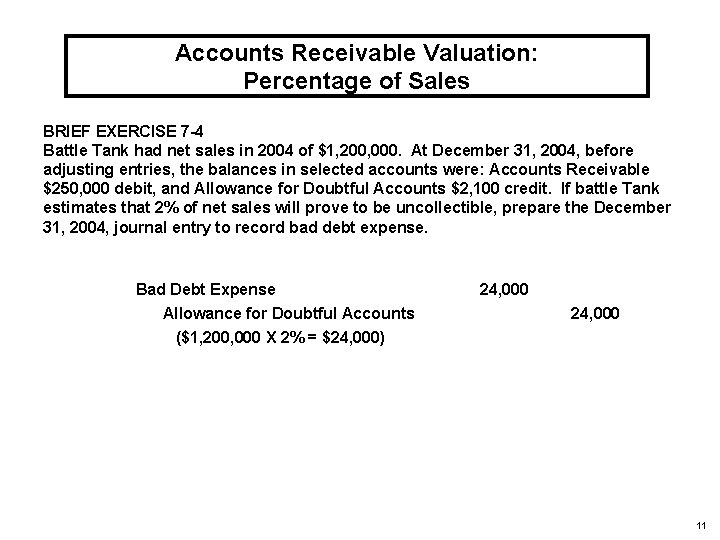 Accounts Receivable Valuation: Percentage of Sales BRIEF EXERCISE 7 -4 Battle Tank had net