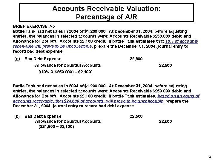 Accounts Receivable Valuation: Percentage of A/R BRIEF EXERCISE 7 -5 Battle Tank had net