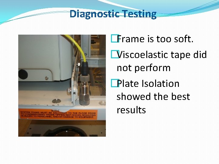Diagnostic Testing �Frame is too soft. �Viscoelastic tape did not perform �Plate Isolation showed