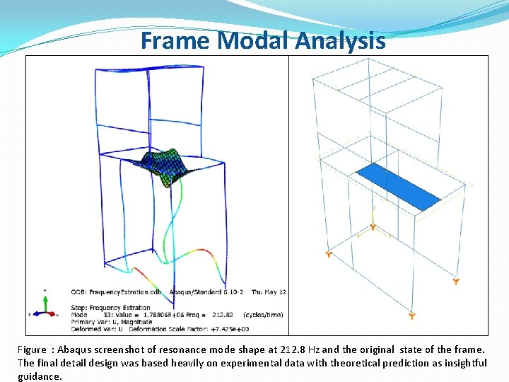 Frame Modal Analysis Figure : Abaqus screenshot of resonance mode shape at 212. 8
