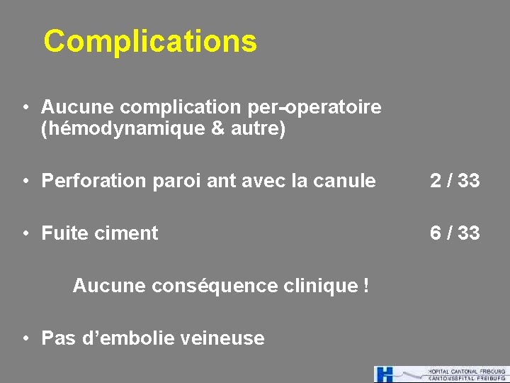 Complications • Aucune complication per-operatoire (hémodynamique & autre) • Perforation paroi ant avec la