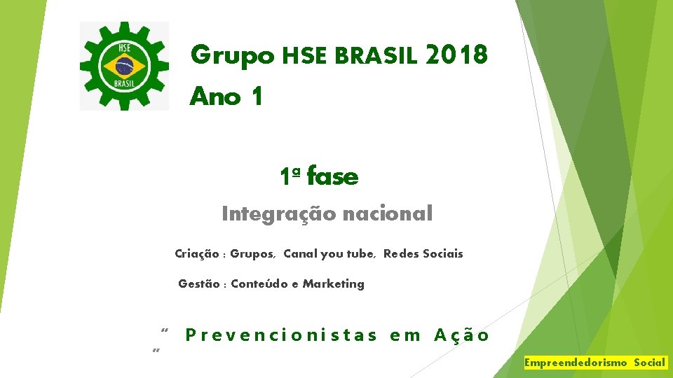 Grupo HSE BRASIL 2018 Ano 1 1ª fase Integração nacional Criação : Grupos, Canal