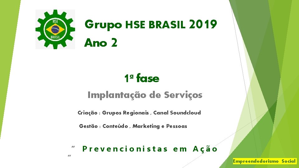 Grupo HSE BRASIL 2019 Ano 2 1ª fase Implantação de Serviços Criação : Grupos