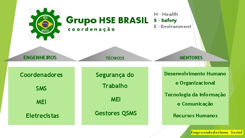 Grupo HSE BRASIL coordenação ENGENHEIROS TÉCNICOS H - Health S - Safety E -