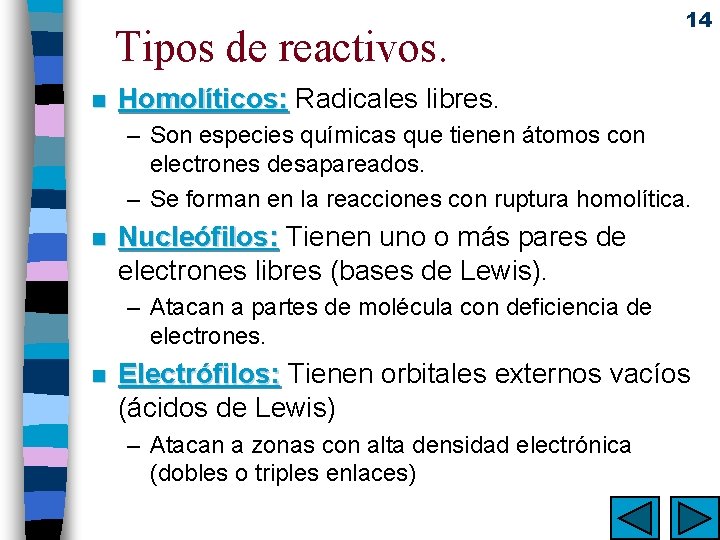 Tipos de reactivos. n 14 Homolíticos: Radicales libres. – Son especies químicas que tienen