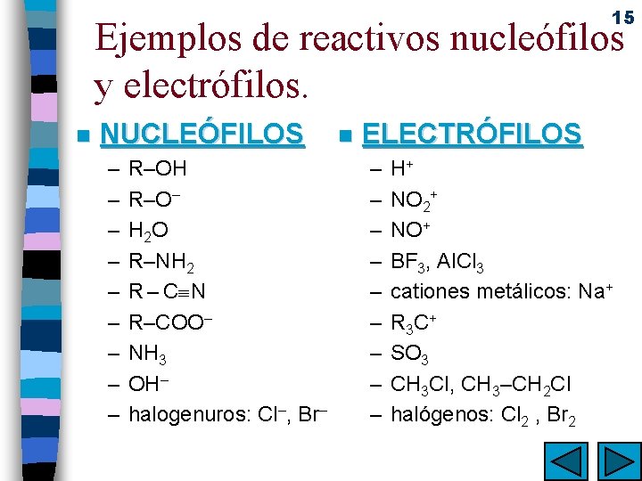 15 Ejemplos de reactivos nucleófilos y electrófilos. n NUCLEÓFILOS – – – – –
