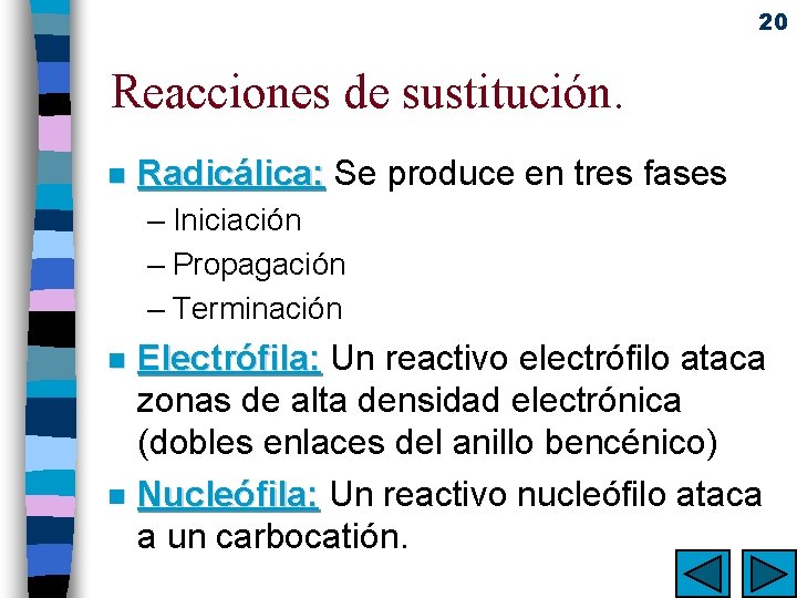 20 Reacciones de sustitución. n Radicálica: Se produce en tres fases – Iniciación –