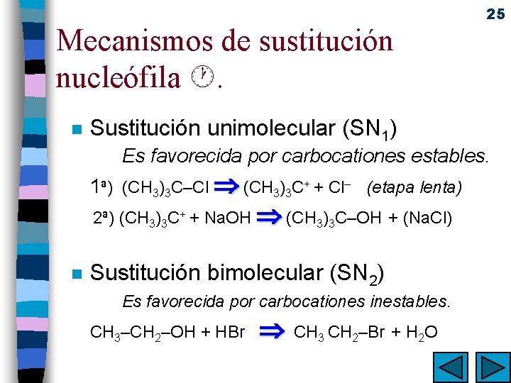 Mecanismos de sustitución nucleófila . n 25 Sustitución unimolecular (SN 1) Es favorecida por