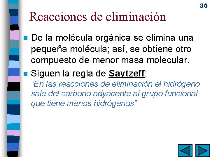 Reacciones de eliminación n n De la molécula orgánica se elimina una pequeña molécula;
