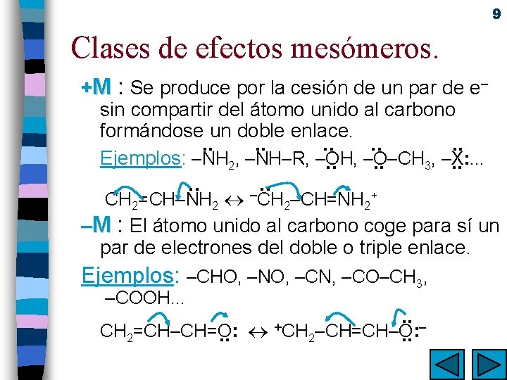 9 Clases de efectos mesómeros. +M : Se produce por la cesión de un