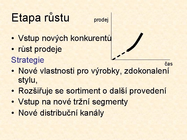 Etapa růstu prodej • Vstup nových konkurentů • růst prodeje Strategie čas • Nové