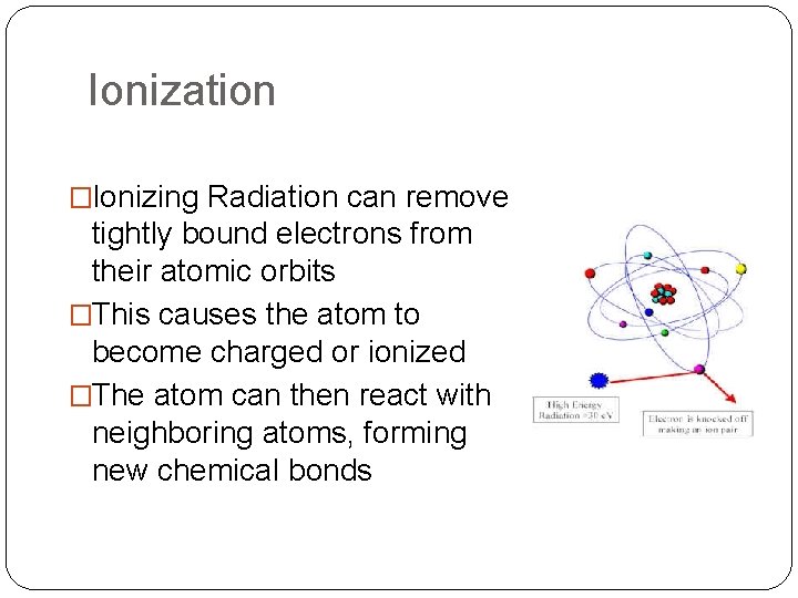 Ionization �Ionizing Radiation can remove tightly bound electrons from their atomic orbits �This causes