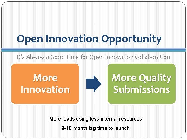 Open Innovation Opportunity It’s Always a Good Time for Open Innovation Collaboration More Innovation