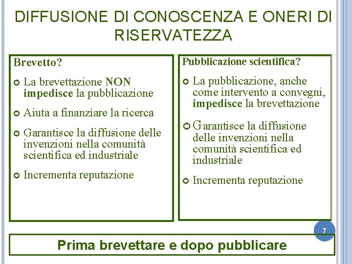 DIFFUSIONE DI CONOSCENZA E ONERI DI RISERVATEZZA Brevetto? La brevettazione NON impedisce la pubblicazione