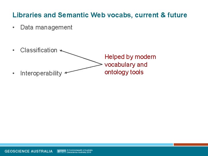 Libraries and Semantic Web vocabs, current & future • Data management • Classification •