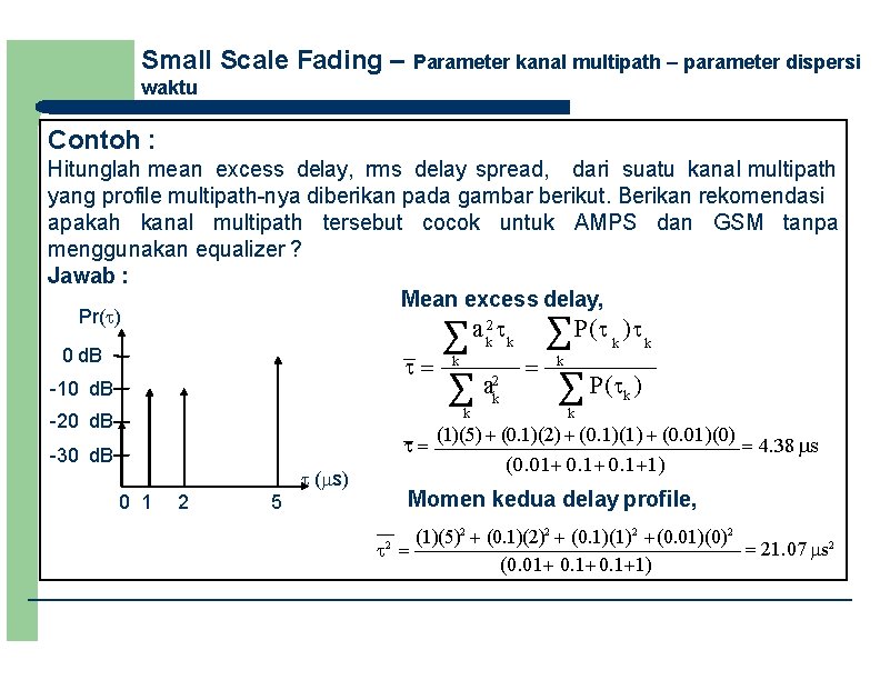 Small Scale Fading – Parameter kanal multipath – parameter dispersi waktu Contoh : Hitunglah
