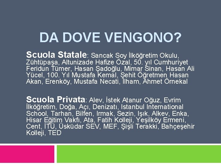 DA DOVE VENGONO? Scuola Statale: Sancak Soy İlköğretim Okulu, Zühtüpaşa, Altunizade Hafize Özal, 50.