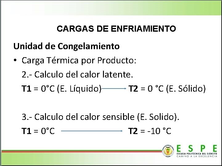 CARGAS DE ENFRIAMIENTO Unidad de Congelamiento • Carga Térmica por Producto: 2. - Calculo