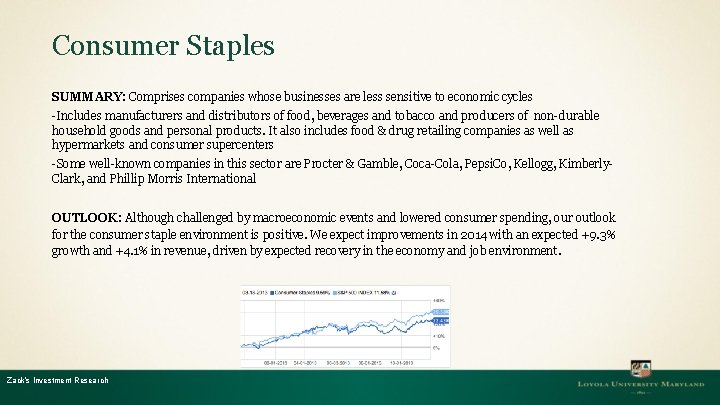 Consumer Staples SUMMARY: Comprises companies whose businesses are less sensitive to economic cycles -Includes