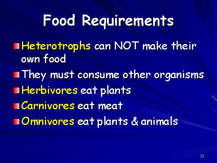 Food Requirements Heterotrophs can NOT make their own food They must consume other organisms