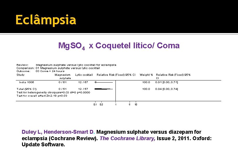 Eclâmpsia Mg. SO 4 x Coquetel lítico/ Coma Duley L, Henderson-Smart D. Magnesium sulphate