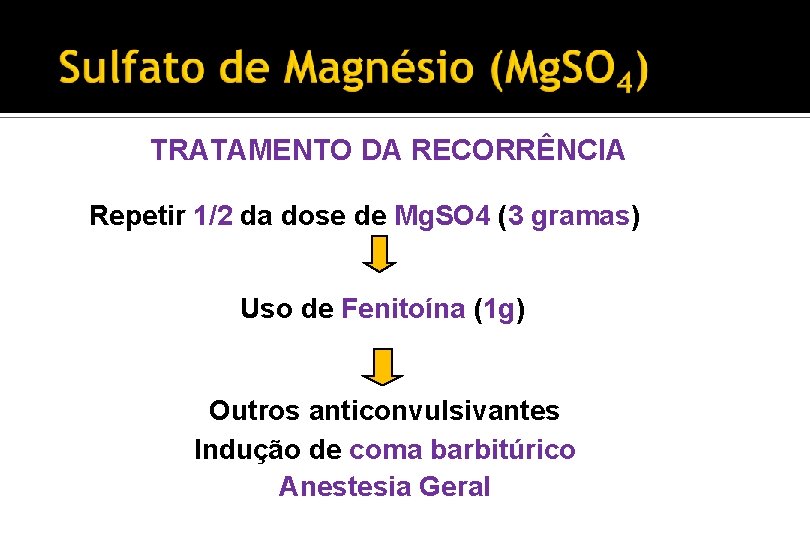 TRATAMENTO DA RECORRÊNCIA Repetir 1/2 da dose de Mg. SO 4 (3 gramas) Uso