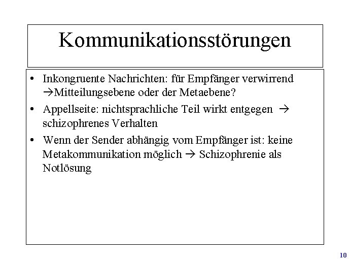 Kommunikationsstörungen • Inkongruente Nachrichten: für Empfänger verwirrend Mitteilungsebene oder Metaebene? • Appellseite: nichtsprachliche Teil