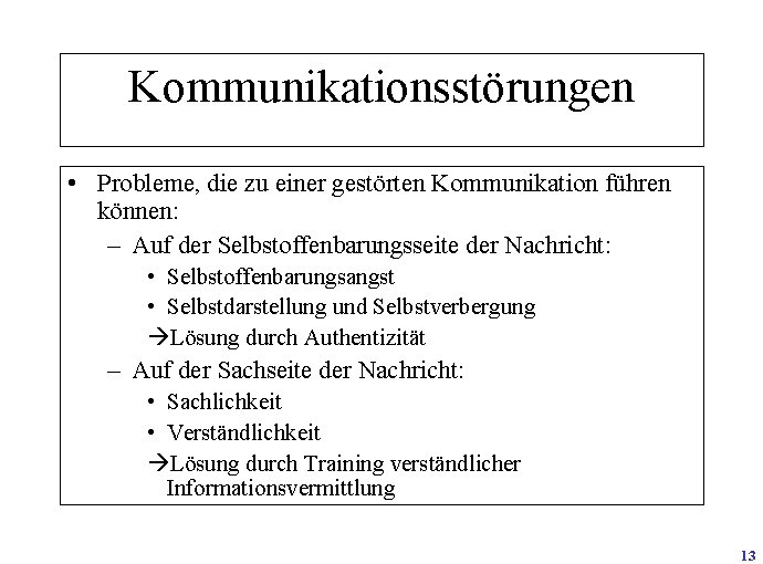 Kommunikationsstörungen • Probleme, die zu einer gestörten Kommunikation führen können: – Auf der Selbstoffenbarungsseite