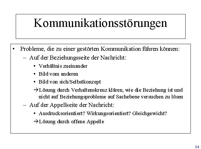 Kommunikationsstörungen • Probleme, die zu einer gestörten Kommunikation führen können: – Auf der Beziehungsseite