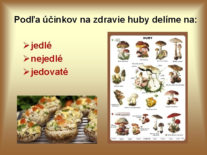 Podľa účinkov na zdravie huby delíme na: Ø jedlé Ø nejedlé Ø jedovaté Podľa účinkov na zdravie huby delíme na: Ø jedlé Ø nejedlé Ø jedovaté