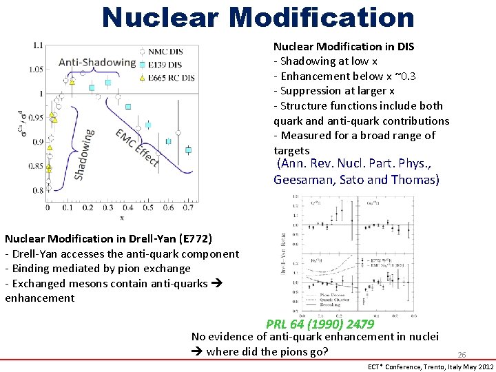 Nuclear Modification in DIS - Shadowing at low x - Enhancement below x ~0.