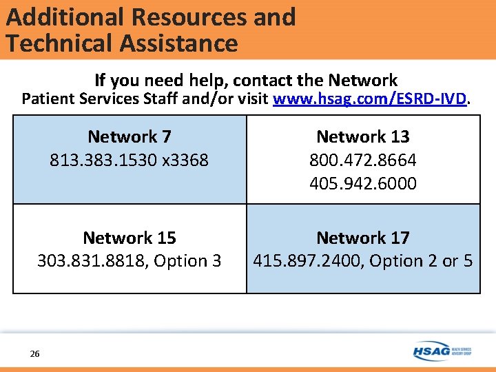 Additional Resources and Technical Assistance If you need help, contact the Network Patient Services