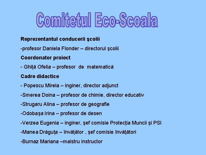 Reprezentantul conducerii şcolii -profesor Daniela Flonder – directorul şcolii Coordonator proiect - Ghiţă Ofelia