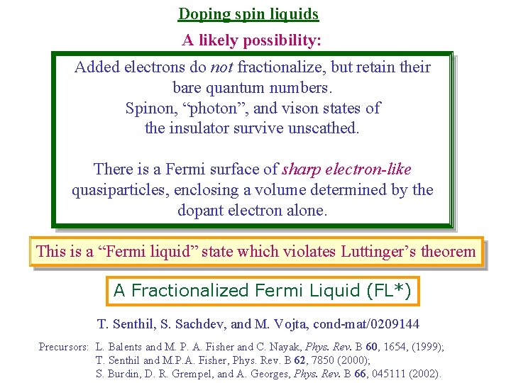 Doping spin liquids A likely possibility: Added electrons do not fractionalize, but retain their