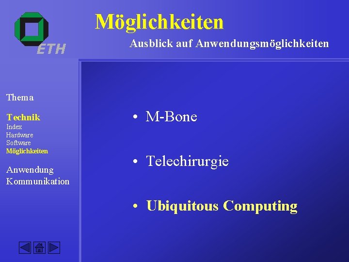 Möglichkeiten ETH Ausblick auf Anwendungsmöglichkeiten Thema Technik Index Hardware Software Möglichkeiten Anwendung Kommunikation •