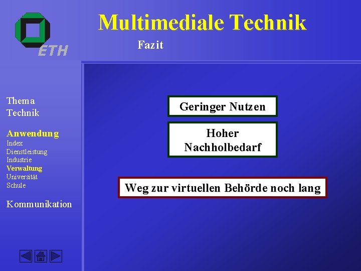 Multimediale Technik ETH Thema Technik Anwendung Index Dienstleistung Industrie Verwaltung Universität Schule Kommunikation Fazit