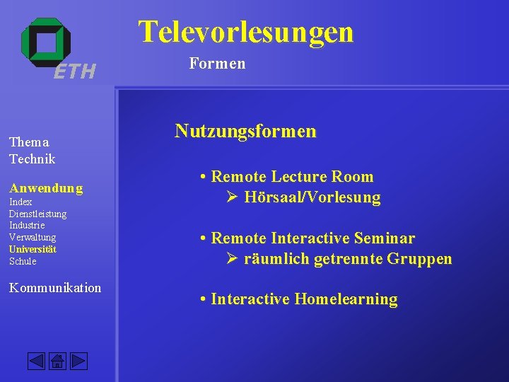 Televorlesungen ETH Thema Technik Anwendung Index Dienstleistung Industrie Verwaltung Universität Schule Kommunikation Formen Nutzungsformen